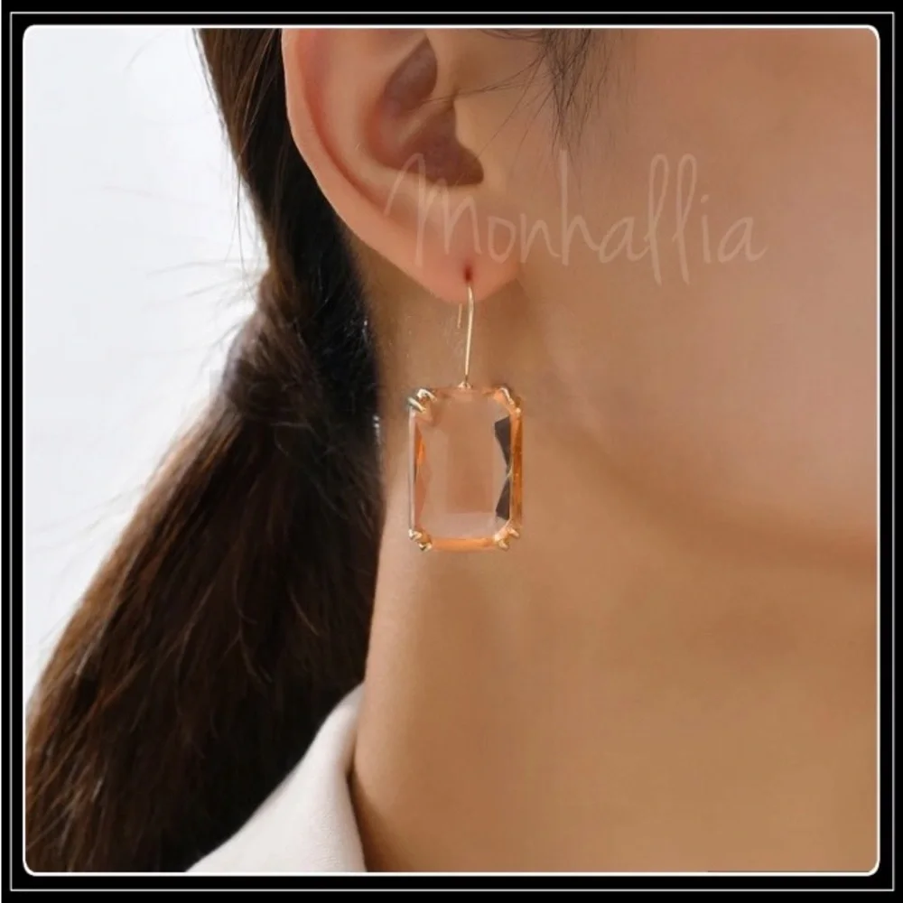 NEW GOLD MEGA EMERALD CUT SIMULATED PEACH SHERBET BLUSH TOPAZ CUSHION EARRINGS